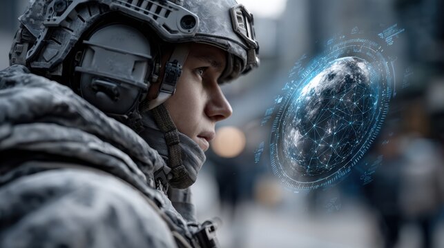 A soldier in tactical gear stands alert in an urban setting at night, focusing on a holographic display showcasing a globe with interconnected data points and digital information.