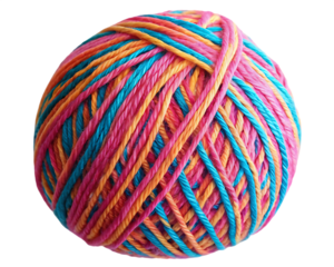 Colorful rainbow yarn ball with vibrant pink, turquoise, orange, and yellow threads, neatly wrapped for knitting or crafts, isolated on transparent background