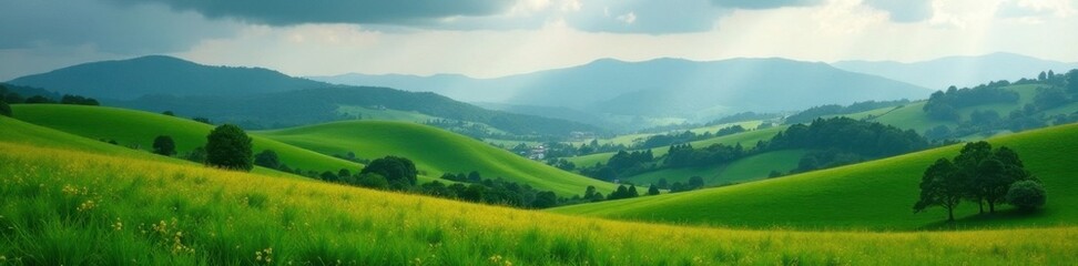 Obraz premium Rolling hills, rain-soaked fields, distant peaks , rain, background