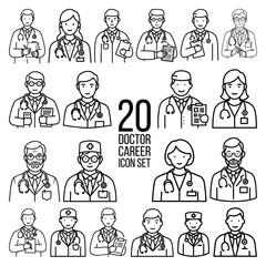 Collection of 20 Diverse Doctor and Medical Professional Line Icons Perfect for Websites, Presentations, and Medical Designs