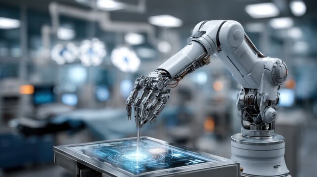 A robotic arm reaches out to engage with a sophisticated control panel in a high-tech surgical room, highlighting innovations in medical technology and robotics.