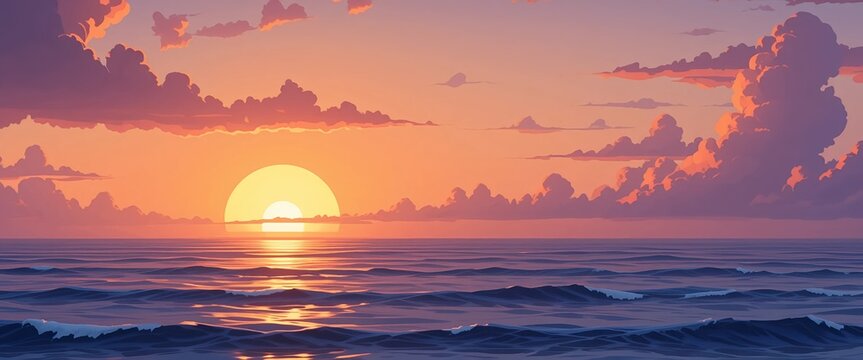 Vektorillustration eines friedlichen Sonnenuntergangs am Meer mit dramatischen Wolken und Reflexionen &ndash; farbenfrohes, traumhaftes Landschaftsbild im Comicstil f&uuml;r Natur- und Reisethemen.
