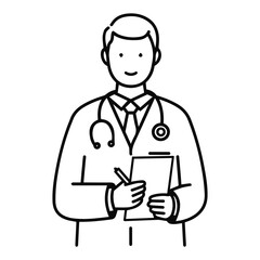 Professional Doctor Writing Prescription, Medical Consultation, Healthcare Illustration, Physician Note Taking, Outline Drawing of a Doctor