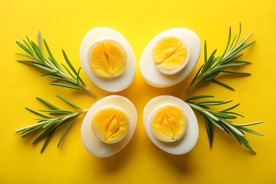 Halved Hard Boiled Eggs with Rosemary Sprigs on Yellow Background