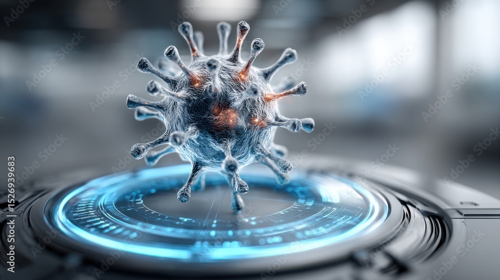 Poster a detailed representation of a virus displayed on a high-tech interface in a laboratory. colorful fe