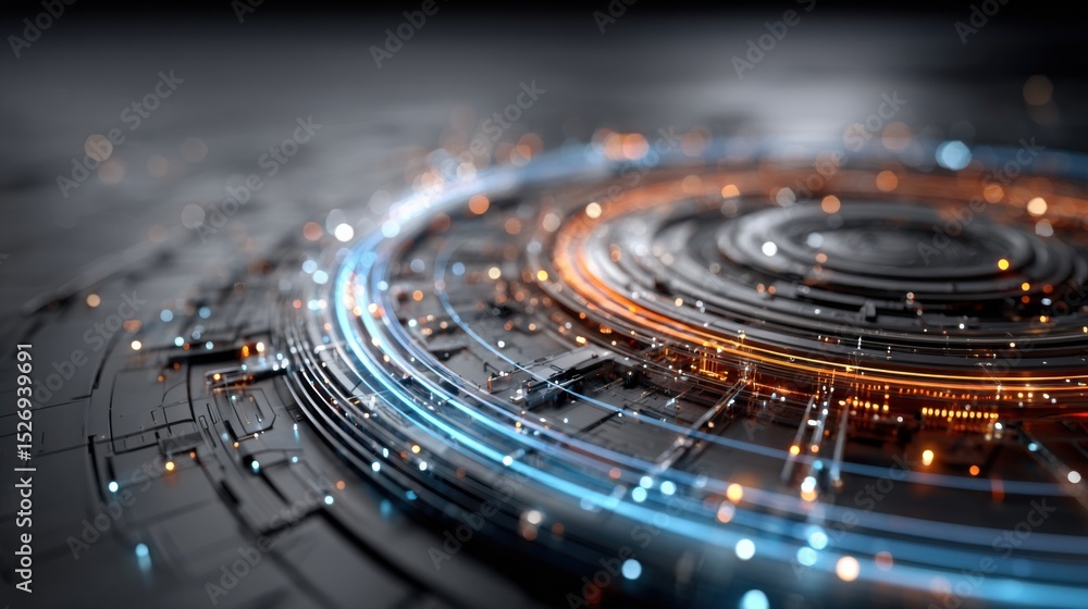 Poster bright neon lights swirl around intricate circuit patterns, creating a stunning visual display in a 
