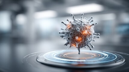 A virus is depicted with detailed textures and glowing elements in a high-tech environment. The digital rendering showcases its structure and importance in biomedical research.
