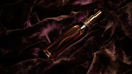 Naklejka premium Amber perfume bottle resting on a dark burgundy velvet fabric.