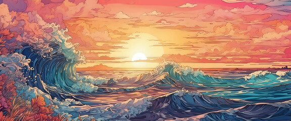 Vibrant Ocean Sunset with Colorful Waves and Serene Horizon
