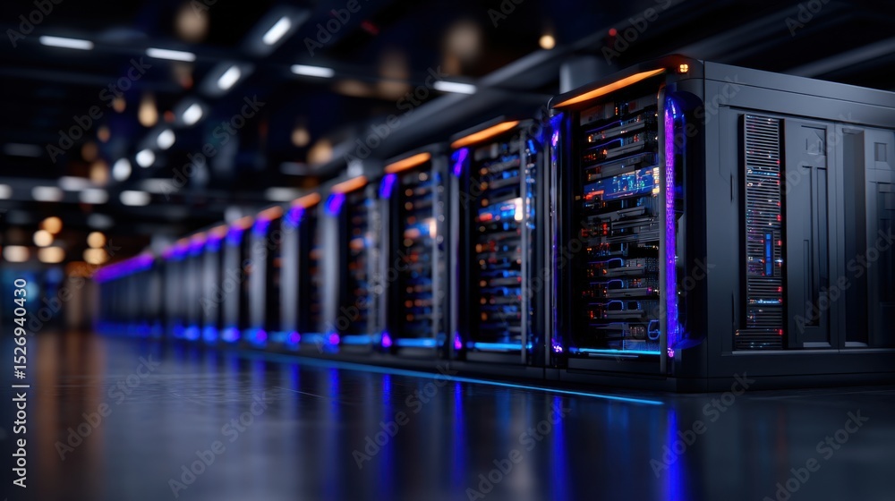 Poster rows of advanced servers are arranged neatly in a modern data center, illuminated by blue and orange