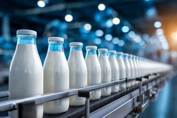 Row of milk bottles on conveyor belt in dairy factory with blurred background