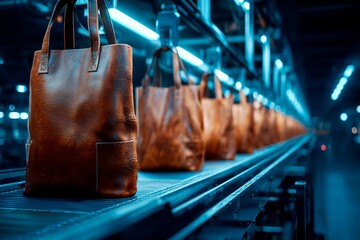 Leather bags move along a conveyor belt in a modern factory at night. The scene highlights the blend of craftsmanship and advanced technology in the manufacturing process