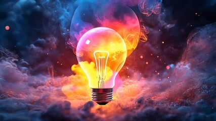 Glowing Light Bulb Floating Among Colorful Fantasy Clouds with Vibrant Lighting Effects
 - Powered by Adobe