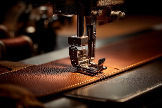 Inside a workshop, a sewing machine expertly stitches a piece of leather, showcasing craftsmanship in the warm evening light. The focus is on precision and detail in leatherwork