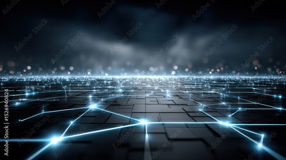 Poster a futuristic scene depicts a digital landscape with illuminated network lines extending across a gri