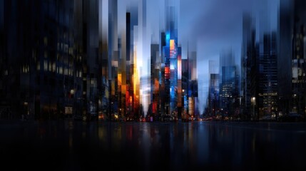 Obraz premium Brightly lit skyscrapers form a dynamic city skyline as evening sets in. The colorful lights and blurred details create an abstract atmosphere, capturing the essence of urban energy.
