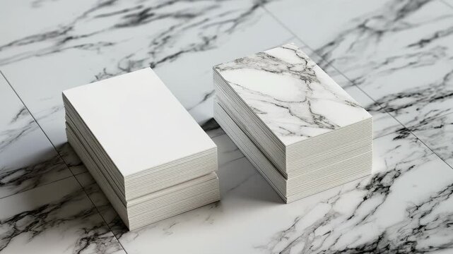 Stacks of White Paper Sheets on Marble Floor with Reflective Surface