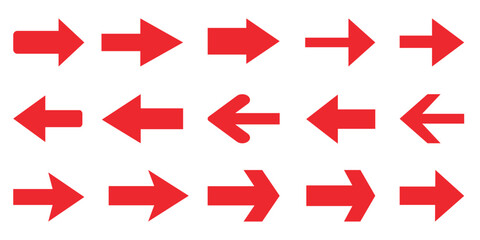 Red Arrows icons set, modern simple flat red vector pointer signs. Arrow icon set for forward click buttons, web design arrow navigation