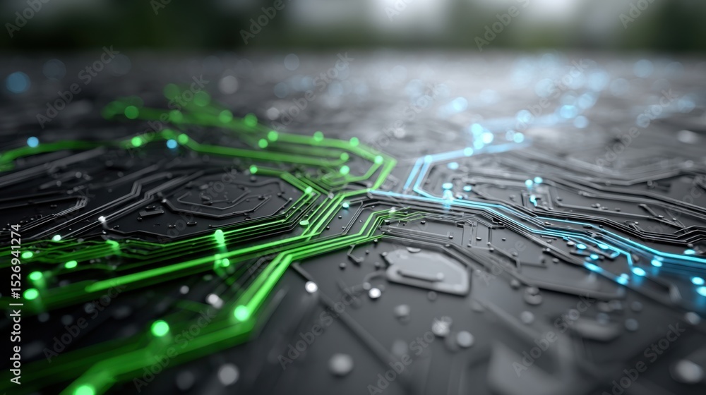 Poster intricate circuit board patterns glow with green and blue lines, creating a vibrant contrast against