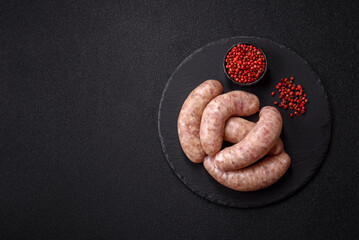 Raw meat sausages made from beef or pork, fresh meat for barbecuing or grilling. Raw sausages