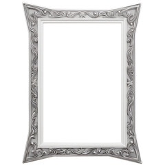Ornate silver rococo frame with floral carving on transparent background. Decorative border for photo and art.