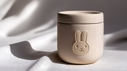 Minimalist beige ceramic mug with embossed bunny face, placed on a white fabric background with soft shadows and natural daylight.