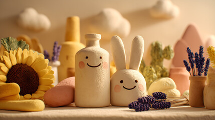 Playful clay scene with happy sunflower, bunny and bottle characters surrounded by lavender and pastel elements, in a soft dreamy light.