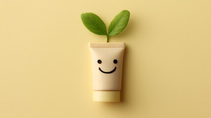 Eco-friendly cosmetic tube with smiling face and two green leaves sprouting from the top, set against a bright yellow background.