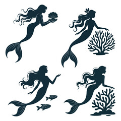 Elegant collection of mermaid silhouettes in underwater scenes with coral and fish

