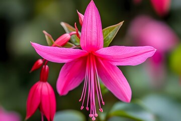 Fototapeta premium a pink fuchsia tropical flower orchid in full bloom reveals delicate petals and stamen in a stunning close-up of nature