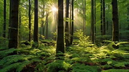 Obraz premium Sunbeams pierce lush forest floor