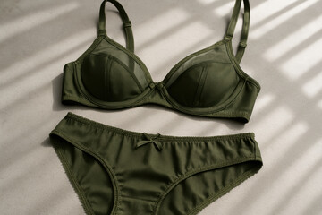 Olive green lingerie set featuring a bra and matching underwear displayed on a neutral surface with natural sunlight and shadows