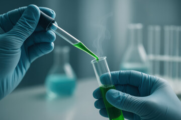 Fototapeta premium Scientist preparing green chemical solution in laboratory with safety gloves and experimental glassware on table