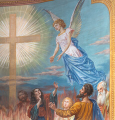 Asti - The detail of fresco of Guardian angel with the souls of purgatory and cross in the church...