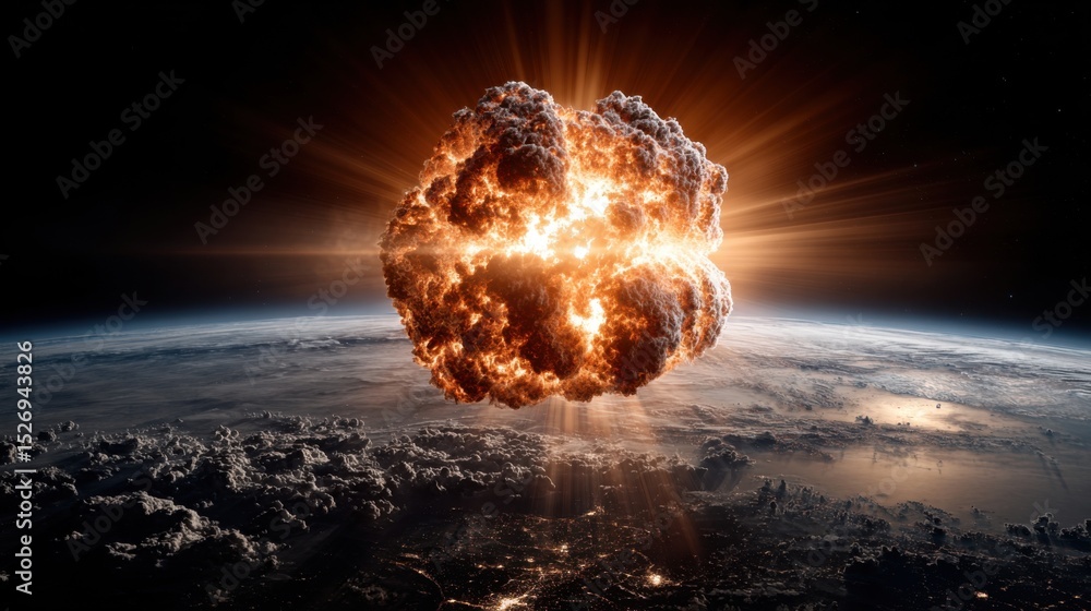 Poster a large explosion erupts in the upper atmosphere, creating a dramatic display of flames and smoke.