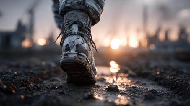 A soldier walks through muddy ground, leaving footprints as the sun sets behind industrial structures. The atmospheric lighting highlights the challenges faced in training.
