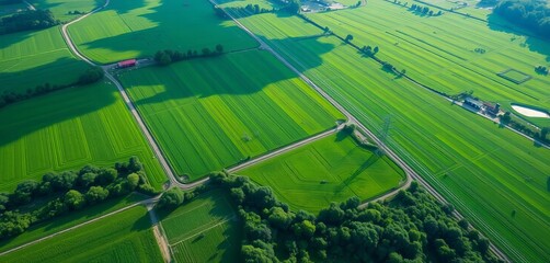 Aerial view of lush green rural landscape crisscrossed by power lines in summer, transmission, view