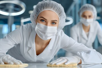 Female scientists in lab coats and masks cleaning laboratory surfaces