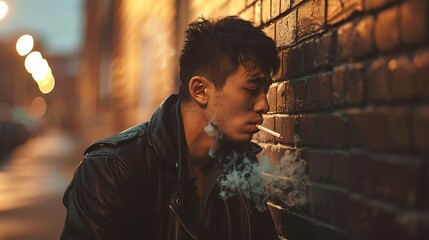 Sorrowful Young Asian Man Smoking Against a Brick Wall at Night. Concept of Urban Lifestyle, Contemplation, Solitude, Nightlife, bad habit, melancholy, stress, depression, worry, mental health