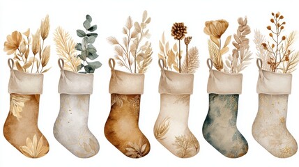 Boho Christmas Stockings Clipart Watercolor Floral Design