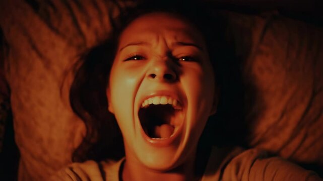 A woman's terrified face screams in a dramatic, orange-lit scene of horror.