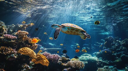 Fototapeta premium Colorful underwater world with a turtle swimming among vibrant coral reefs and tropical fish in the clear ocean waters during daylight