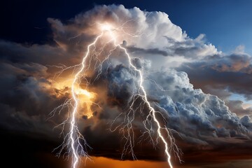 Dramatic thunderstorm with multiple lightning strikes illuminating dark clouds
