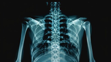 X-Ray Image of Human Thoracic Skeleton Featuring Spine and Shoulder Bones. Concept of Medical Imaging, Anatomy Study, Health Diagnostics