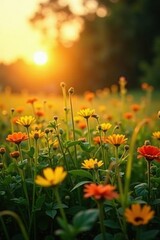 Obraz premium Golden hour light bathes lush meadow, blurred sunset , flowers, evening, pasture