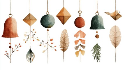 Bohemian Christmas Wind Chimes Watercolor Clipart