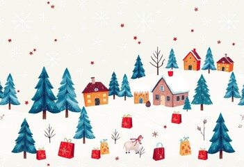 Adorable hand-drawn winter scene, seamless pattern  Snowflakes, trees, houses, shopping bags,  village,  happy