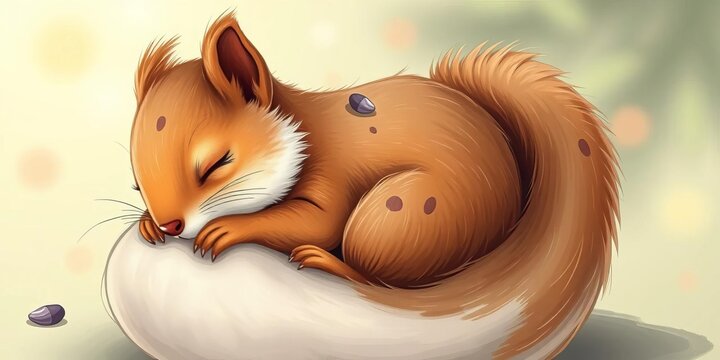 Adorable sleeping squirrel curled in a ball, hand-drawn vector illustration, cute,  birthday