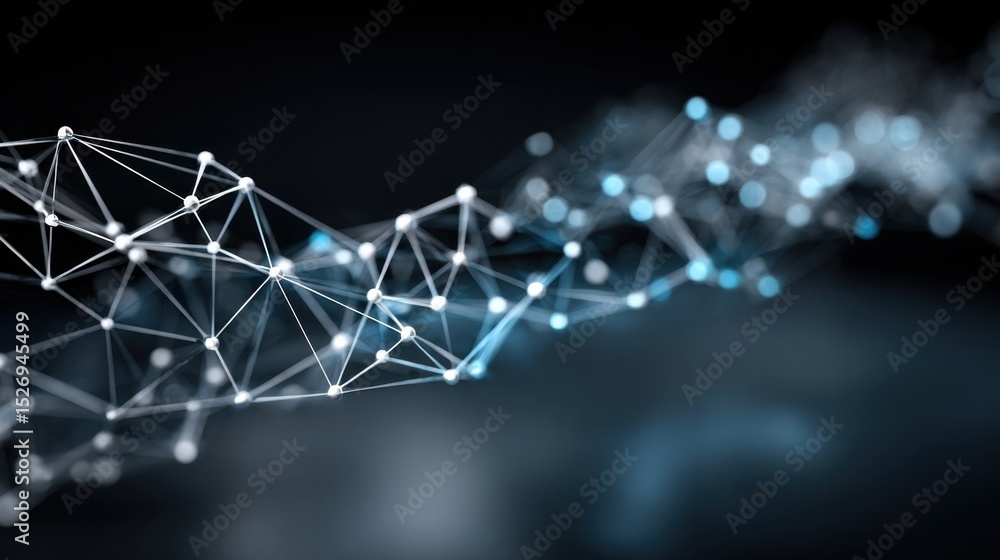 Fototapete A dynamic visualization of a digital network illustrating interconnected nodes and lines glows softly against a dark backdrop, suggesting movement and flow.