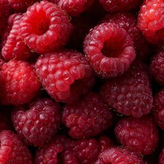 A close-up shot of a pile of fresh, ripe raspberries. Their vibrant red color is a feast for the eyes